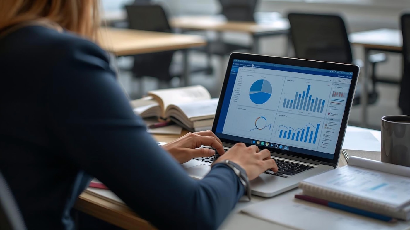 Profissional analisando dados de marketing e resultado comercial em laptop no escritório